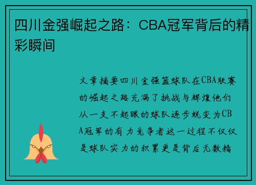 四川金强崛起之路：CBA冠军背后的精彩瞬间